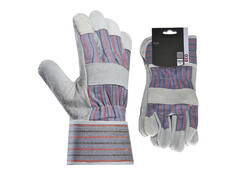 Arbeitshandschuhe Eco in Blau-Grau mit grauen Lederbestzen und Etikett mit Gre 10,5.