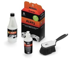 ALCOA ALkit3 Starterpaket mit orange-roter Box, weien Flaschen AL Clean und AL Polish, schwarzer Felgenbrste.