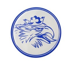 Runder, weier 3D Nabensticker mit blauem Rand und einem gekrnten, bsen Vogelkopf in Blau.