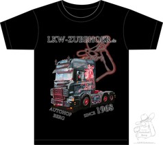 Schwarzes Black Warrior T-Shirt mit groem LKW-Design in Schwarz und Rot. Aufdruck: "LKW-ZUBEHOER.de", "Autohof Berg", "Since 1968".