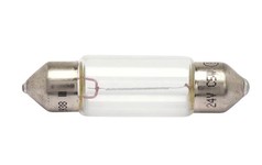 Klare Sofittenbirne mit silberfarbenen Enden und der Aufschrift 