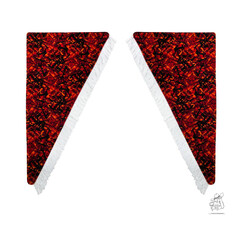 Rot-schwarze Plsch-LKW-Gardinen mit abstraktem Muster und weier Fransenborte.