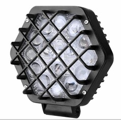 Schwarze LED-Arbeitslampe aus Aluminium mit Schutzgitter, mehreren LEDs und Montagehalterung.
