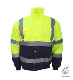 Warnjacke Yoko in leuchtendem Gelb und Navy mit silbernen Reflektorstreifen und Auentaschen.