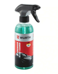 Wrth Glasreiniger 400ml in transparenter Flasche mit grnem Inhalt, schwarzem Sprhkopf und Auto-Motiv auf dem Etikett.