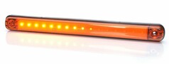 Leuchtende LED Leiste Blinkleuchte in Orange mit schwarzem Gehuse.