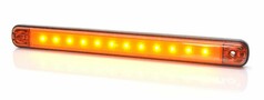 LED Blinkleuchte als Leiste mit mehreren leuchtenden, gelben LEDs und dunklem Gehuse auf weiem Grund.