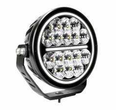 Runder Fernscheinwerfer Siberia Night Ranger 7 aus schwarzem Aluminium mit Polycarbonat-Linse, weiem LED-Ring, LEDs und schwarzer Halterung.