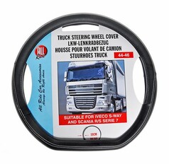 Schwarzer LKW-Lenkradschoner mit weien Nhten, Gre 44-46, passend fr Scania R/S Serie 7 und Iveco S-Way.