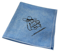 Hellblaues Mikrofasertuch mit schwarzem LKW-ZUBEHOER Logo und Cartoon-Br Aufdruck.
