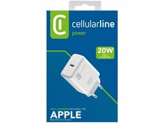 Weies cellularline Ladenetzteil (20W USB-C) in blauer Verpackung. Aufdruck: "Designed for Apple".