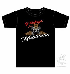 Schwarzes T-Shirt mit dem Aufdruck "Fridays for 8 Hubraum", gekreuzten Motorkolben und braunen Flgeln.