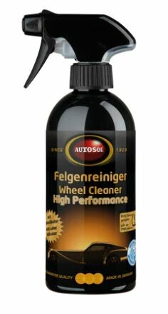 Schwarze Autosol Felgenreiniger High Performance Flasche mit Sprhkopf. Goldene Schrift auf schwarzem Etikett.