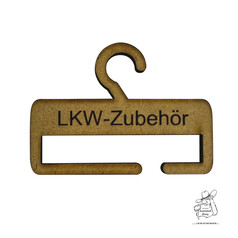 Hlzerner Minischalbgel mit Haken und der Aufschrift "LKW-Zubehr".