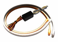 Zwei flexible LED-Streifen, seitlich in Xenon-wei und Orange leuchtend, mit schwarzer Kontrollbox.