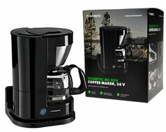 Schwarze Dometic Kaffeemaschine mit Glaskanne und Produktverpackung 