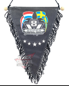 Grauer Wimpel mit schwarzen Fransen. Bedruckt mit V8-Symbol, niederlndischer und schwedischer Flagge, Schriftzug 