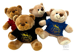 Mehrere braune Plschbren mit roten, schwarzen und blauen T-Shirts, bedruckt mit 