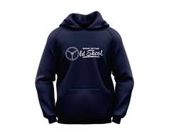 Dunkelblauer Scandi Hoodie mit weiem Lenkrad-Print und dem Text 