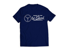 Dunkelblaues T-Shirt mit weiem Brustdruck: Lenkrad-Symbol und "Back to the Old Skool".