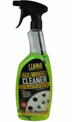 Grne LUHMI All Wheel Cleaner Sprhflasche mit schwarzem Sprhkopf. Etikett zeigt Felge mit Wirkindikator.