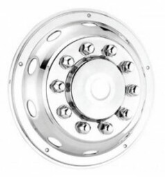 Glnzende, chromfarbene Radzierblende fr LKW-Vorderachse, mit geschlossener Nabe, Radmutternabdeckungen und ovalen ffnungen.