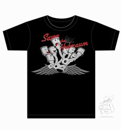 Schwarzes T-Shirt mit rotem "Save the Hubraum" Schriftzug und Cartoon-Kolben mit Flgeln.