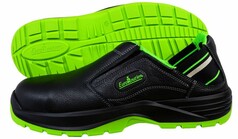 EuroRoutier Hybrid Safety Clogs aus schwarzem Nappa Leder mit leuchtend grnen Sohlen und Akzenten.