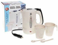 Weier All Ride Wasserkocher mit schwarzem 24V-Stecker, dazu passende Tassen und Lffel.