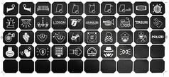 Schwarzes Symbolblatt mit vielen weien Icons fr Commander-Bedienfelder, darunter LKW-Zubehr-Symbole.