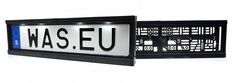 Schwarzer Kunststoff-Kennzeichenhalter mit LED-Beleuchtung und die Rckseite eines Halters.