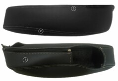 Paar schwarze Kunstleder Armlehnenbezge mit hellen Nhten. Einer zeigt einen geffneten Reiverschluss.