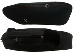 Schwarze Kunstleder Armlehnenbezge mit roten Nhten fr DAF XG/XG+ Beifahrersitz.