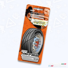 Oranger Lufterfrischer "Leven op wielen" mit LKW-Reifen und Chromfelge, Duft "Jasmine".