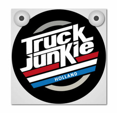 Weie Platte fr Leuchtkasten mit schwarzem "Truck Junkie" Logo und rot-wei-blauen Holland-Streifen.