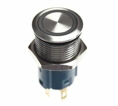 Edelstahl LAS3-Schalter mit silbernem Gehuse, schwarzem LED-Ring und blauer Unterseite.