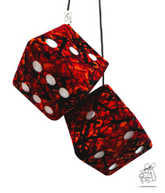 Ein Paar rote Plsch-Wrfel mit weien Stick-Punkten.