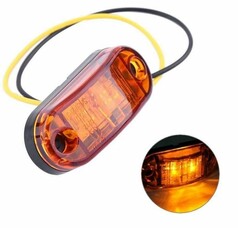 Ovale orange LED-Seitenleuchte fr LKW mit schwarzer Basis und Anschlusskabeln. Ein Detailbild zeigt die leuchtende Lampe.