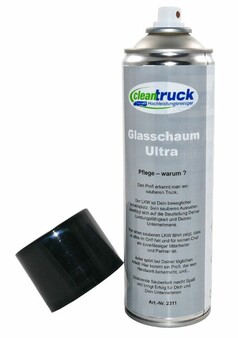 Silberne CleanTruck Glasschaum Ultra Sprhdose mit weiem Sprhkopf und schwarzer Kappe daneben.