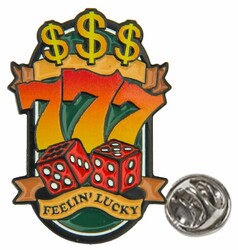 Scandi PIN 777: Grner Pin mit drei gelben Dollarzeichen, roten 777, zwei roten Wrfeln und "FEELIN