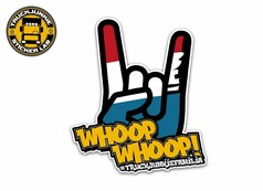 TJ Aufkleber: Buntes Rock-On-Handzeichen in Rot, Wei, Blau mit gelbem "WHOOP WHOOP!" Schriftzug.