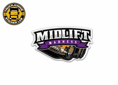 Bunter Aufkleber mit "Midlift Madness" Schriftzug in Wei und Lila, dazu eine orange-schwarze LKW-Unterseite.