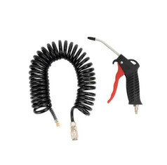 Tekson Luftpistole mit schwarzem Griff, rotem Abzug und Metall-Dse, daneben ein schwarzes Spiralkabel mit Stecker.