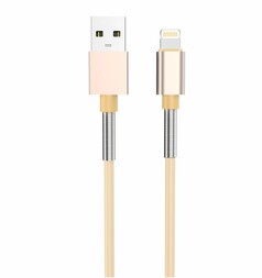 Beiges USB iPhone Ladekabel mit goldfarbenen Anschlssen und silbernen Federverstrkungen.