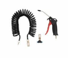 Tekson Luftpistole, schwarz mit rotem Abzug, dazu schwarzes Spiralkabel und universeller Anschluss.