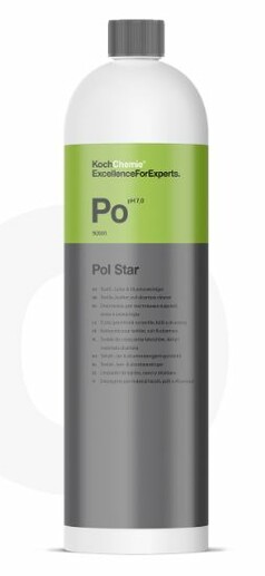Weie und graue Flasche Koch Chemie Pol Star Polsterreiniger Konzentrat mit grnem Etikett.