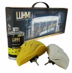 LUHMI Politur Set: Schwarze Box, silberne Dose mit OneStep Polierpaste, gelbe und weie Polierkugeln.