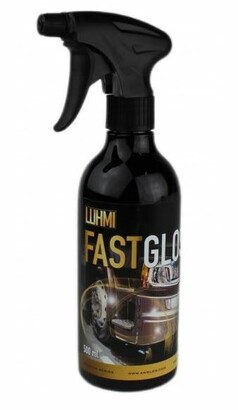 Schwarze Sprhflasche LUHMI FastGlos Lackreiniger 500ml mit glnzendem Fahrzeug auf dem Etikett.