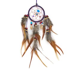 Runder Traumfnger mit lila Reifen, braunem Netz, bunten Perlen, Muscheln und mehreren Federn in Braun- und Grautnen.