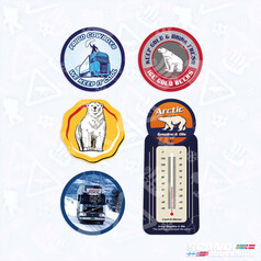 Scandi Stickerset Frigo Cowboys: Ein Set von 5 Aufklebern mit Motiven von Trucks, Eisbren und einem Thermometer.